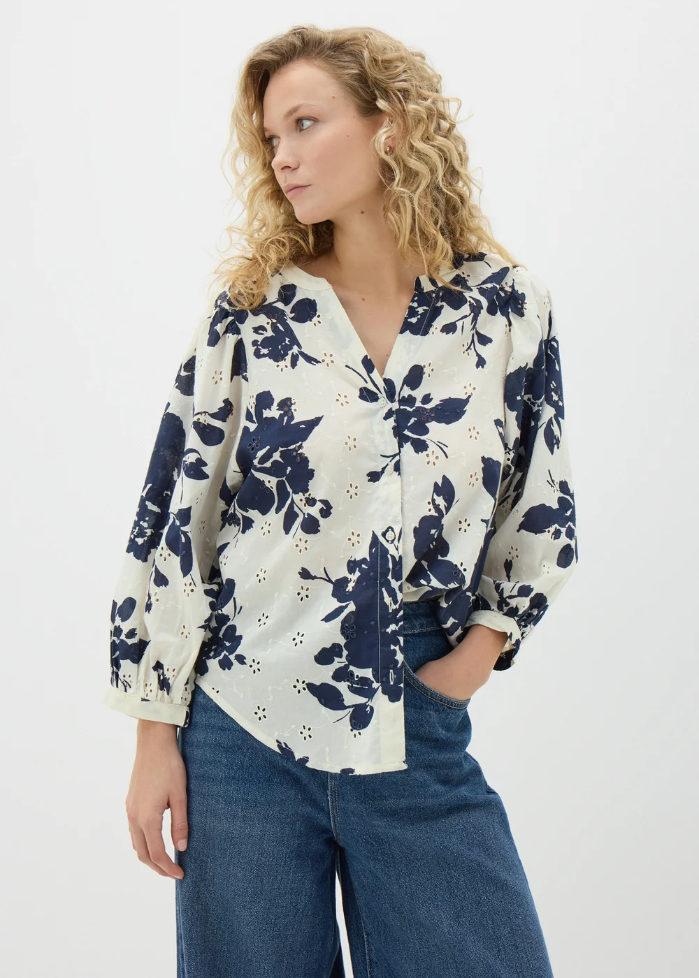 Navy Floral Broderie Anglaise 3/4 Sleeve Blouse - 8 Image 1