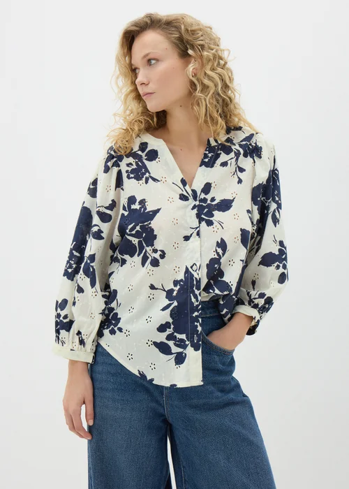 Navy Floral Broderie Anglaise 3/4 Sleeve Blouse - 8 Image 1