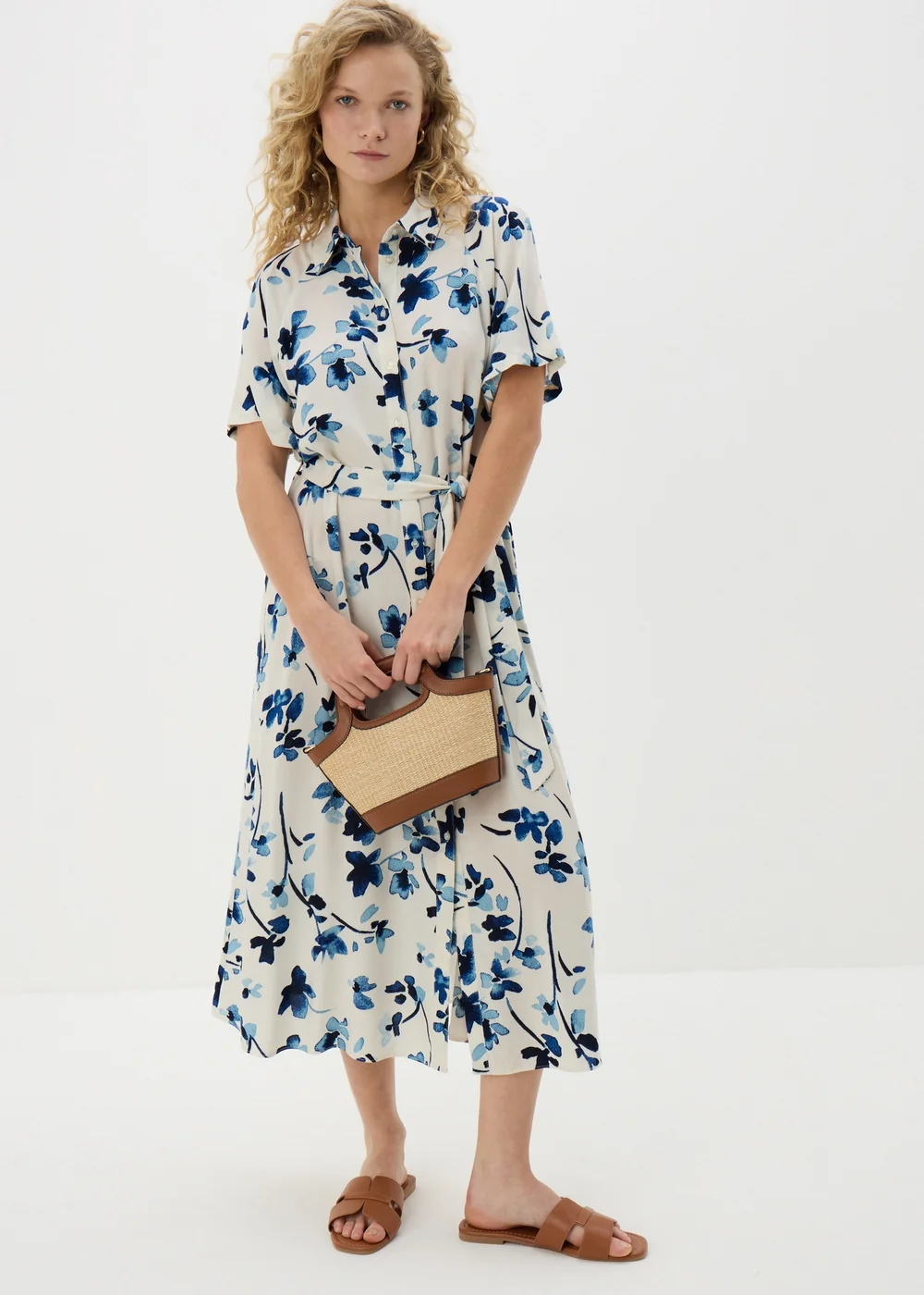 Cream Floral Midi Shirt Dress - 8 Image 1