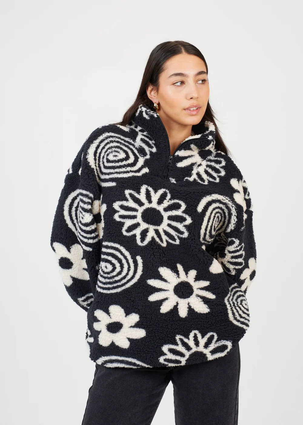 Brave Soul Black Quarter Zip Flower Print Sherpa Fleece - Extra small Image 1