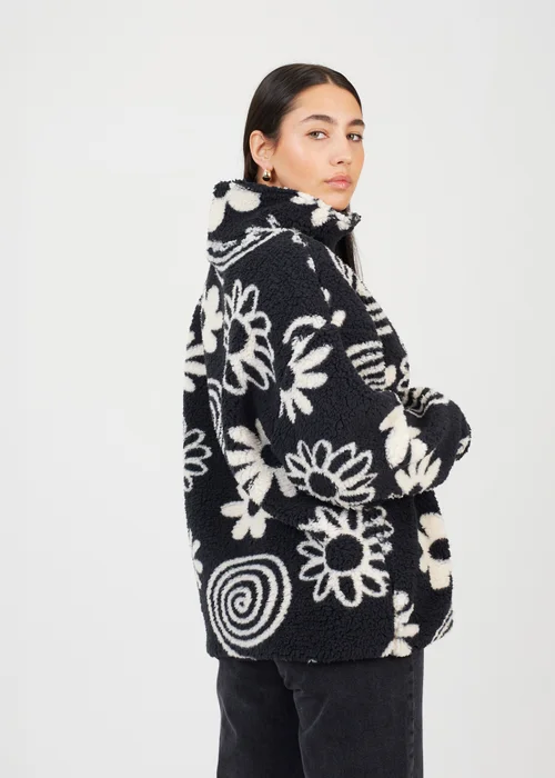 Brave Soul Black Quarter Zip Flower Print Sherpa Fleece - Extra small Image 2
