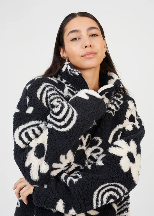 Brave Soul Black Quarter Zip Flower Print Sherpa Fleece - Extra small Image 3
