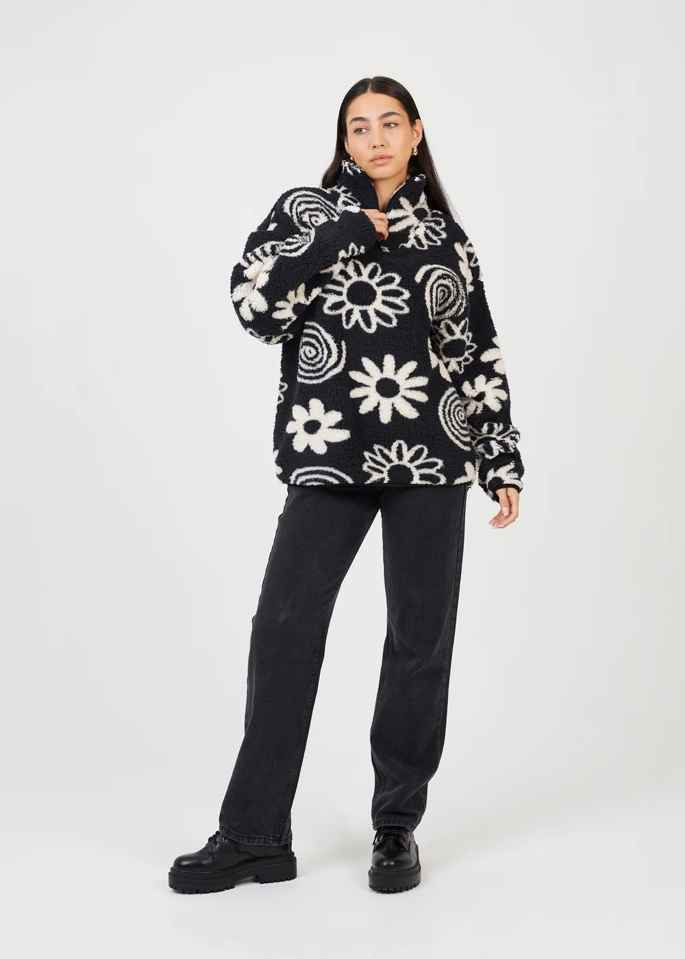 Brave Soul Black Quarter Zip Flower Print Sherpa Fleece - Extra small Image 4