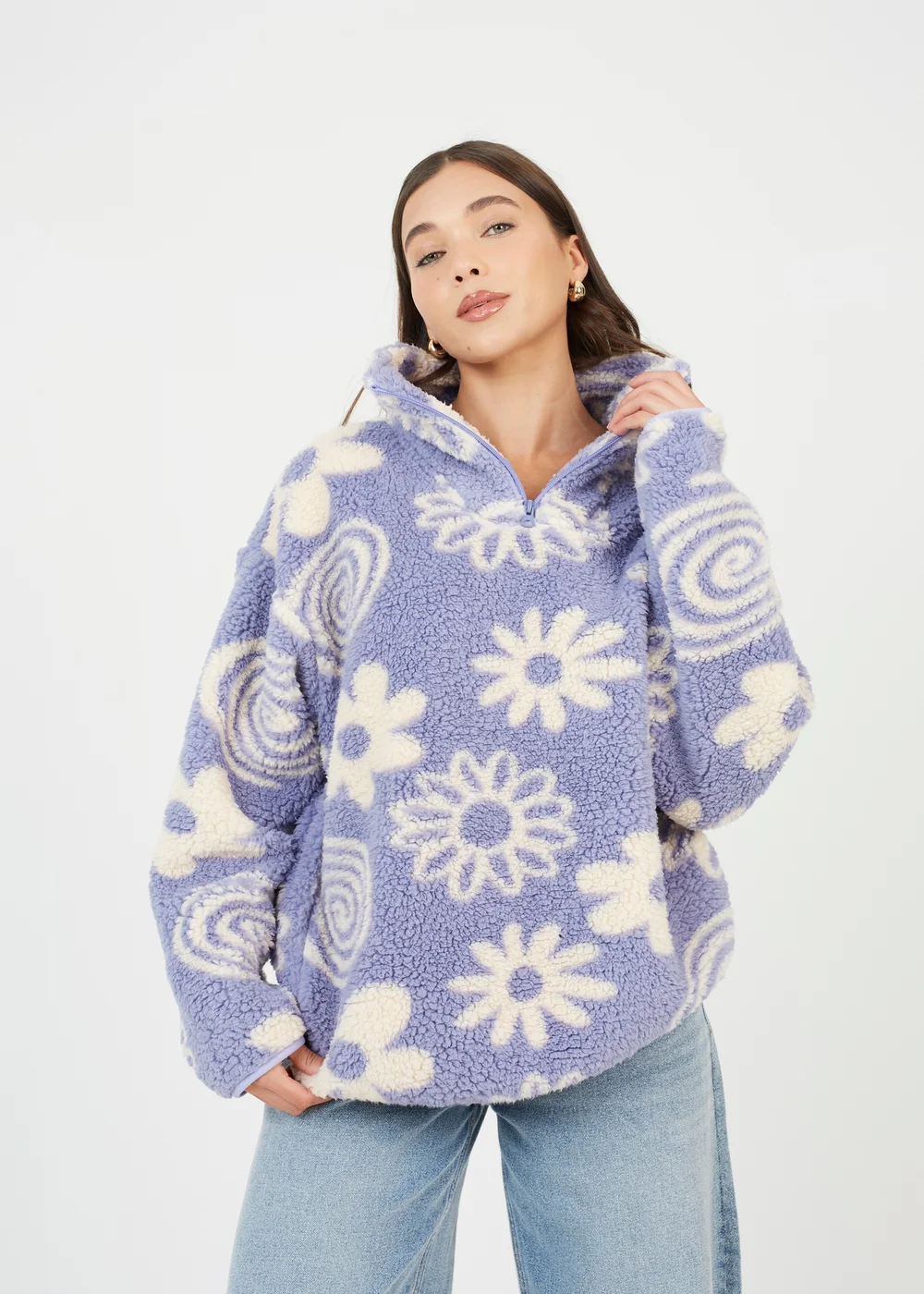 Brave Soul Purple Quarter Zip Flower Print Sherpa Fleece - Extra small Image 1