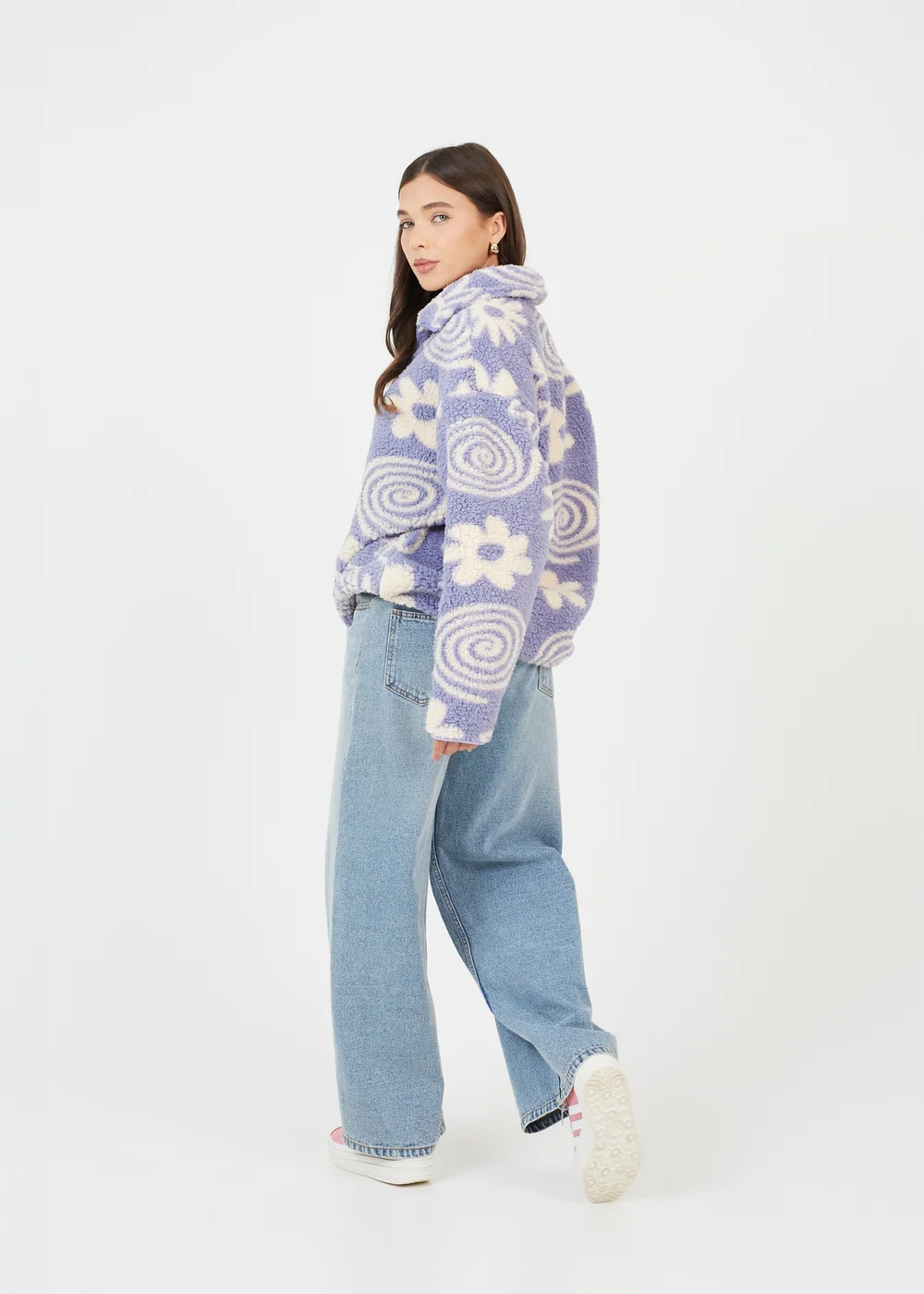 Brave Soul Purple Quarter Zip Flower Print Sherpa Fleece - Extra small Image 2