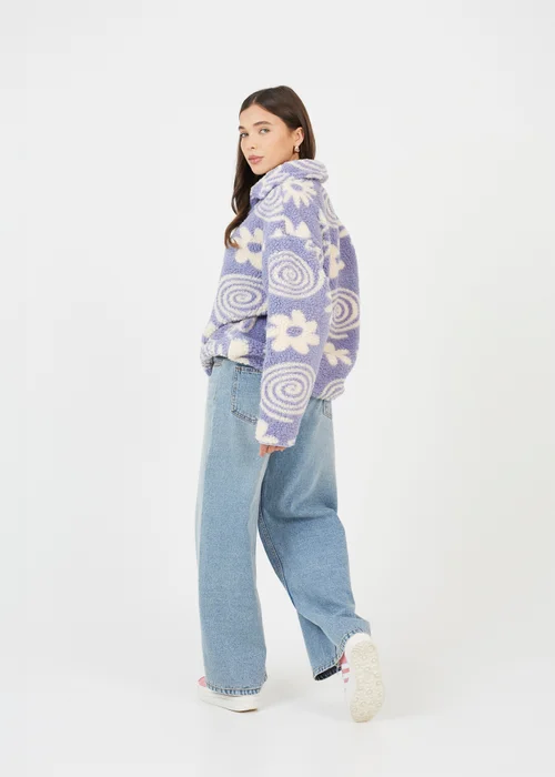 Brave Soul Purple Quarter Zip Flower Print Sherpa Fleece - Extra small Image 2
