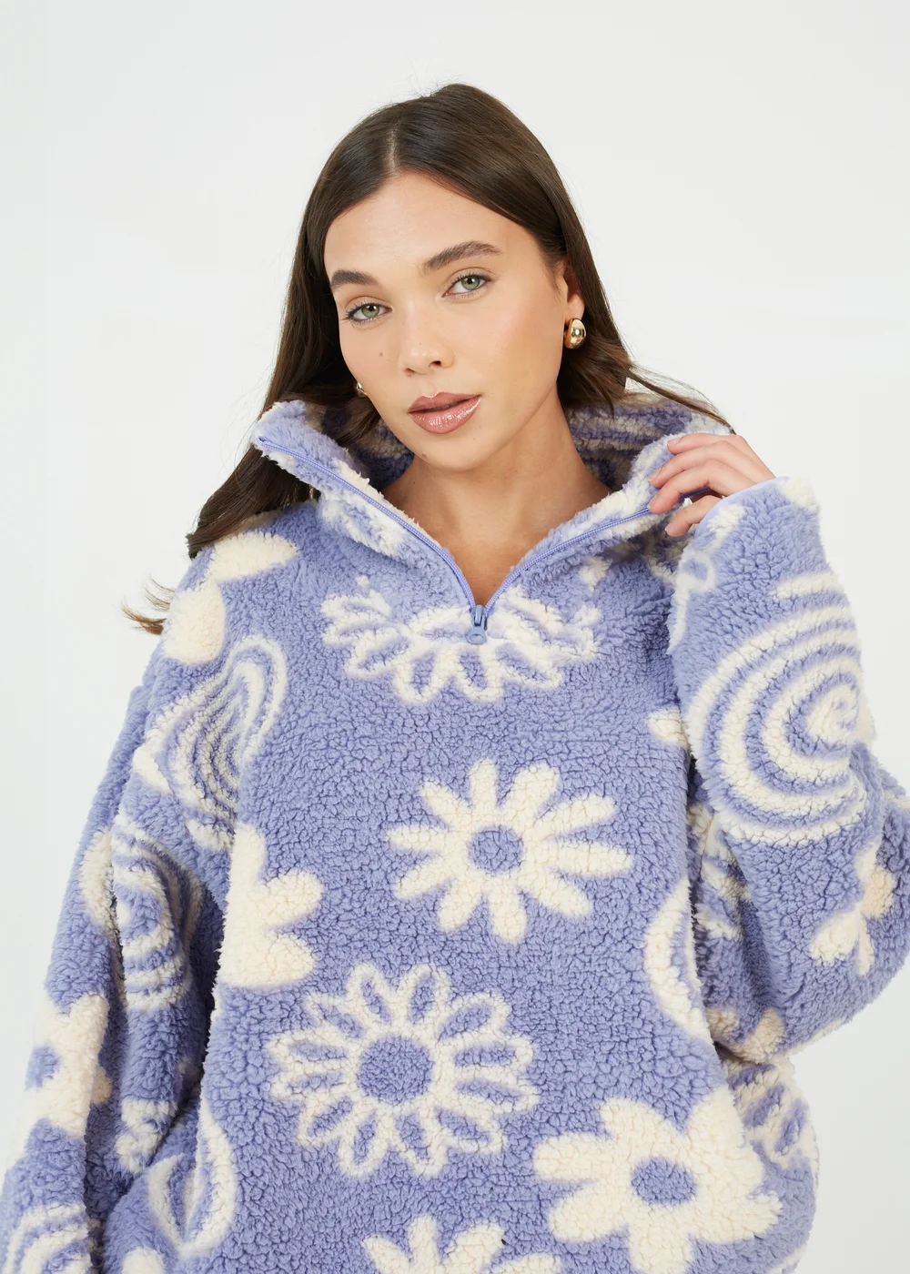 Brave Soul Purple Quarter Zip Flower Print Sherpa Fleece - Extra small Image 3
