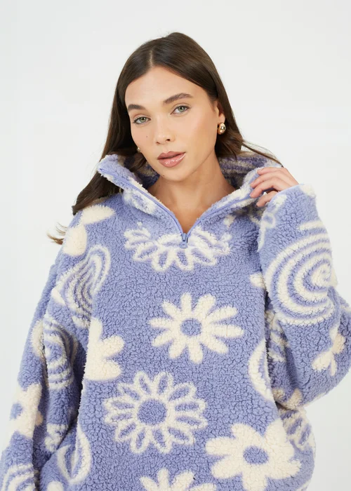 Brave Soul Purple Quarter Zip Flower Print Sherpa Fleece - Extra small Image 3