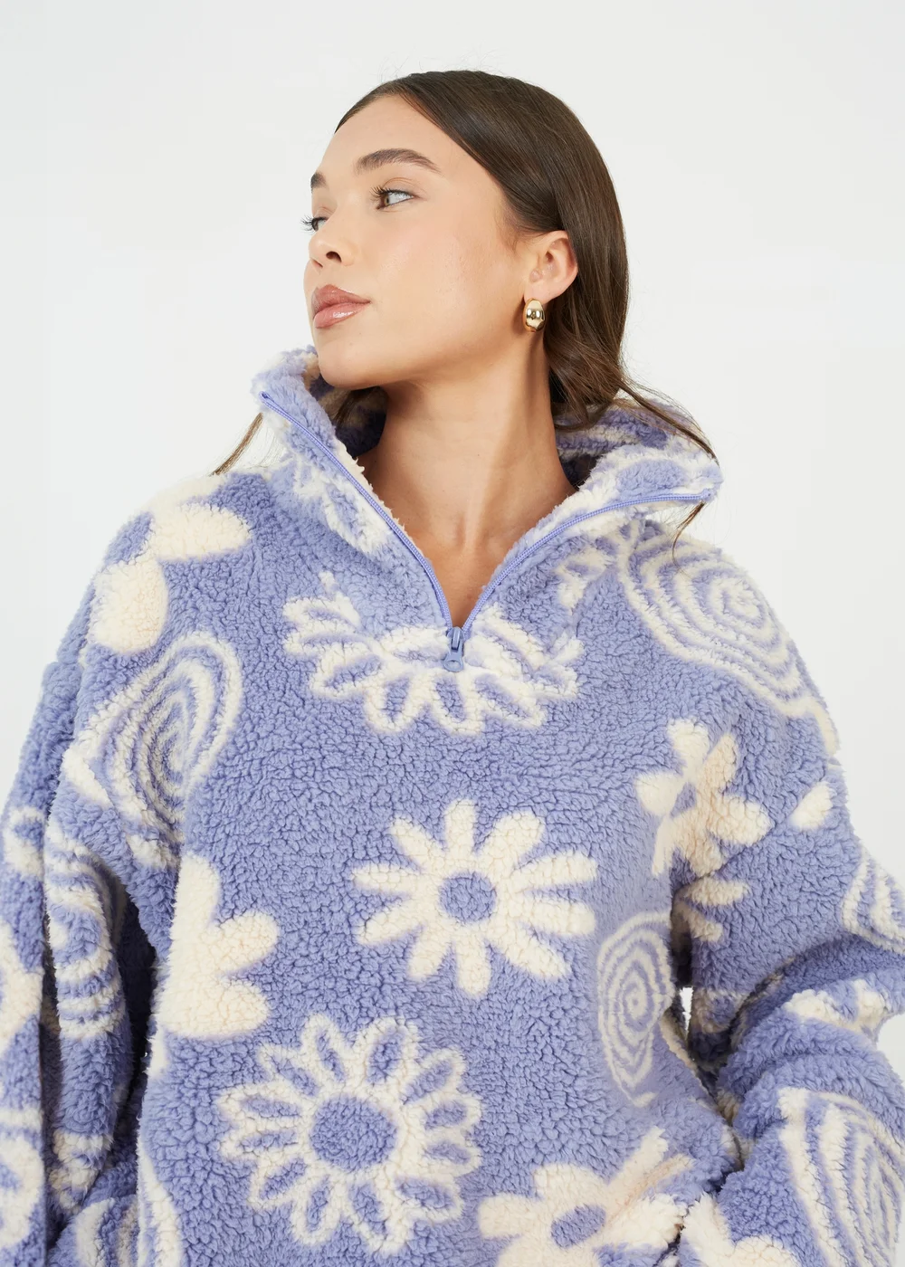 Brave Soul Purple Quarter Zip Flower Print Sherpa Fleece - Extra small Image 5