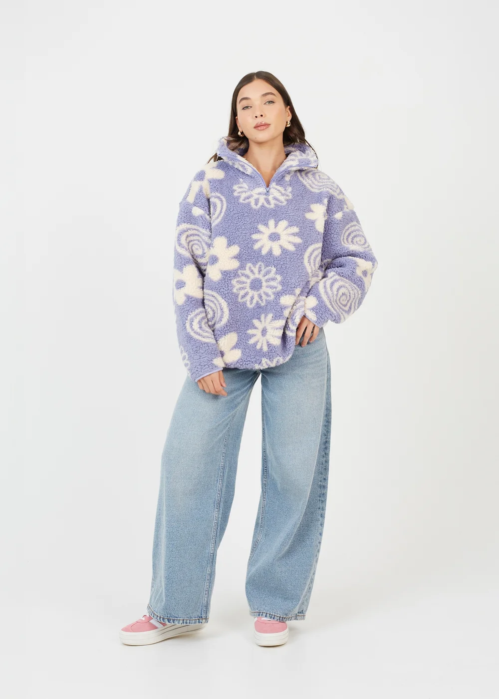 Brave Soul Purple Quarter Zip Flower Print Sherpa Fleece - Extra small Image 4