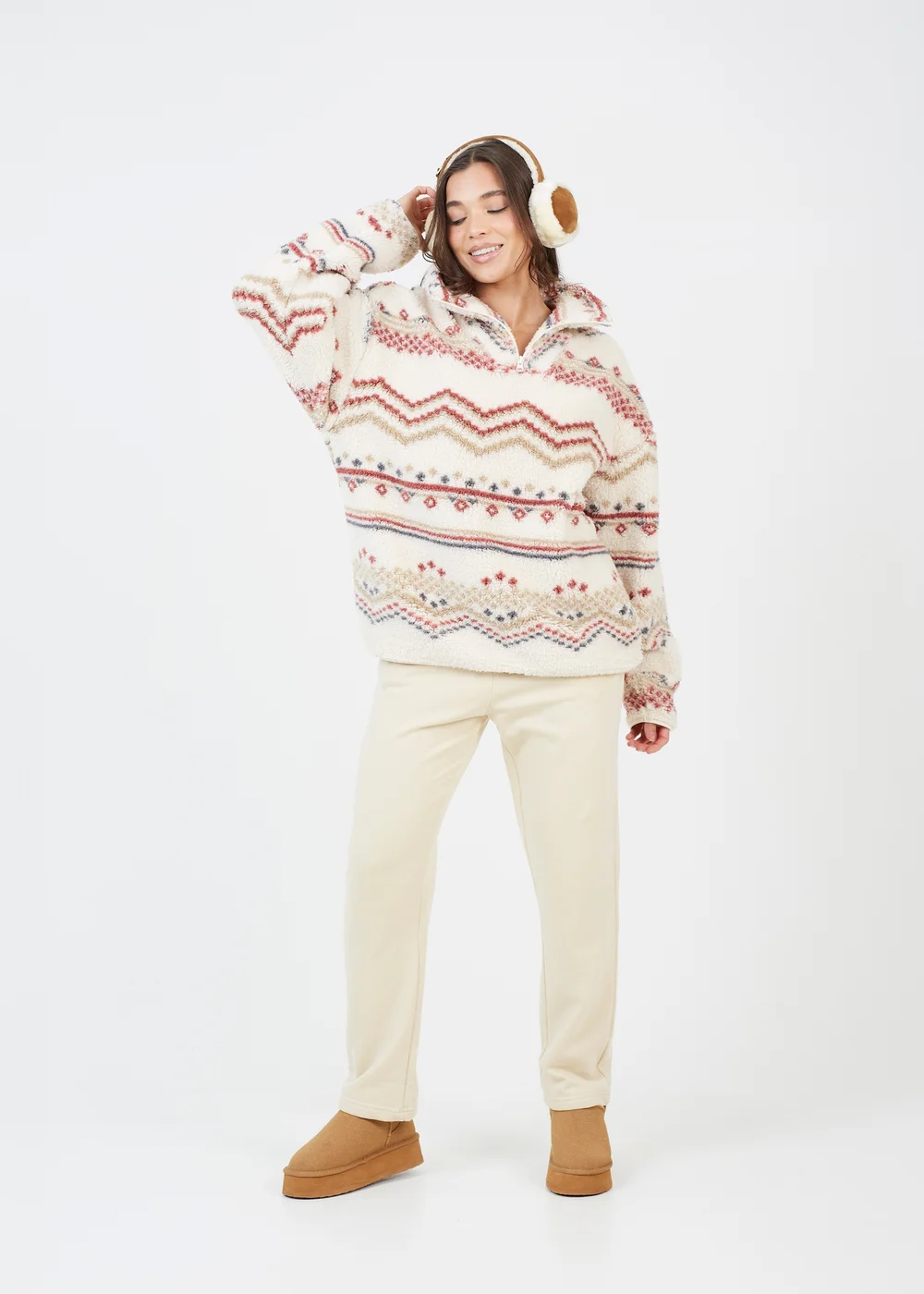 Brave Soul Cream Quarter Zip Printed Sherpa Fleece - Extra small Image 4
