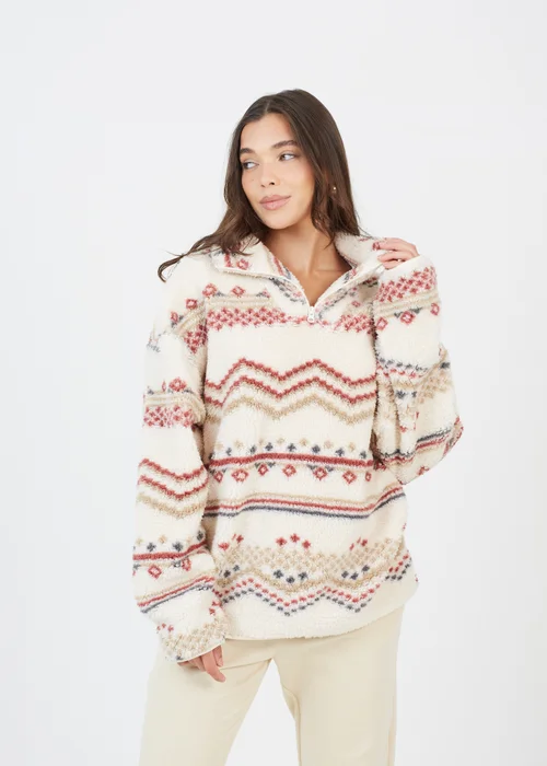 Brave Soul Cream Quarter Zip Printed Sherpa Fleece - Extra small Image 1