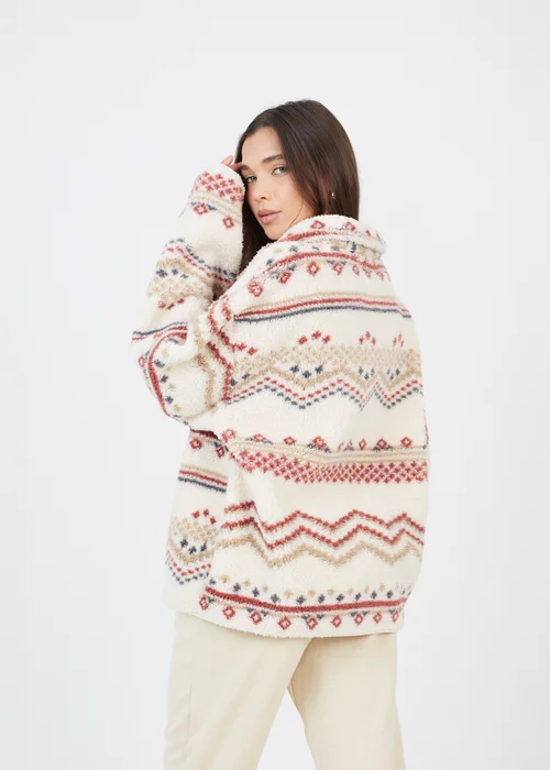 Brave Soul Cream Quarter Zip Printed Sherpa Fleece - Extra small Image 2