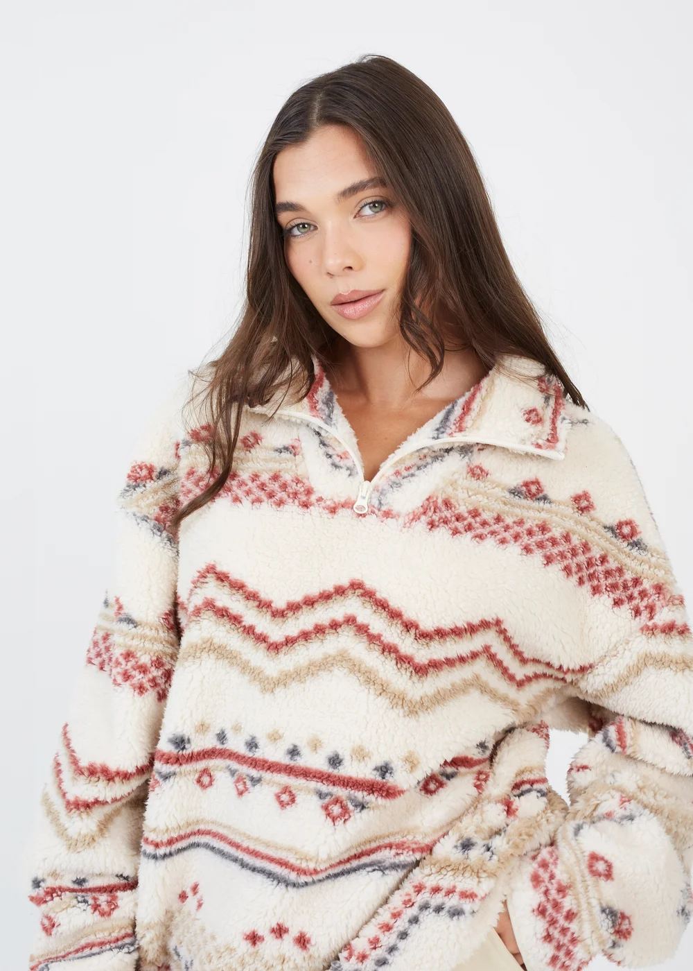 Brave Soul Cream Quarter Zip Printed Sherpa Fleece - Extra small Image 3