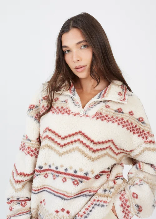 Brave Soul Cream Quarter Zip Printed Sherpa Fleece - Extra small Image 3