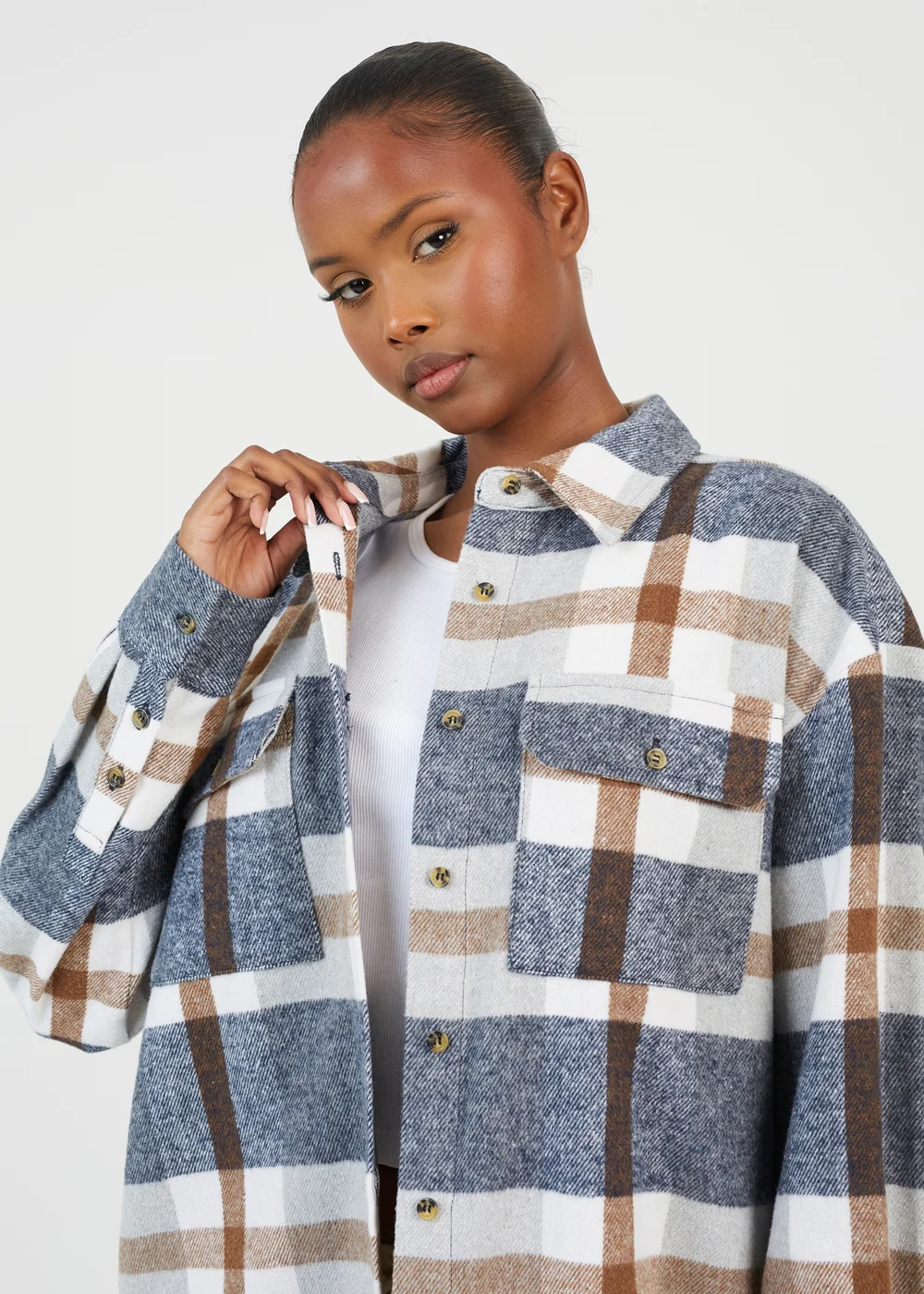 Brave Soul Brown Check Print Long Sleeve Fleece Shirt - XS Image 3