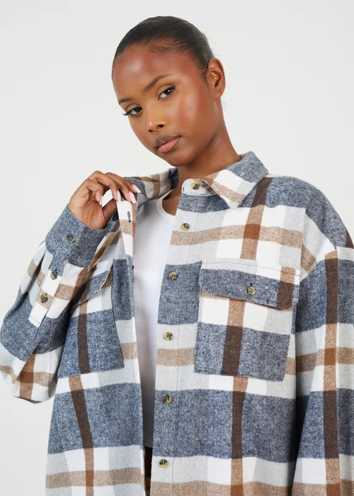 Brave Soul Brown Check Print Long Sleeve Fleece Shirt - XS Image 3