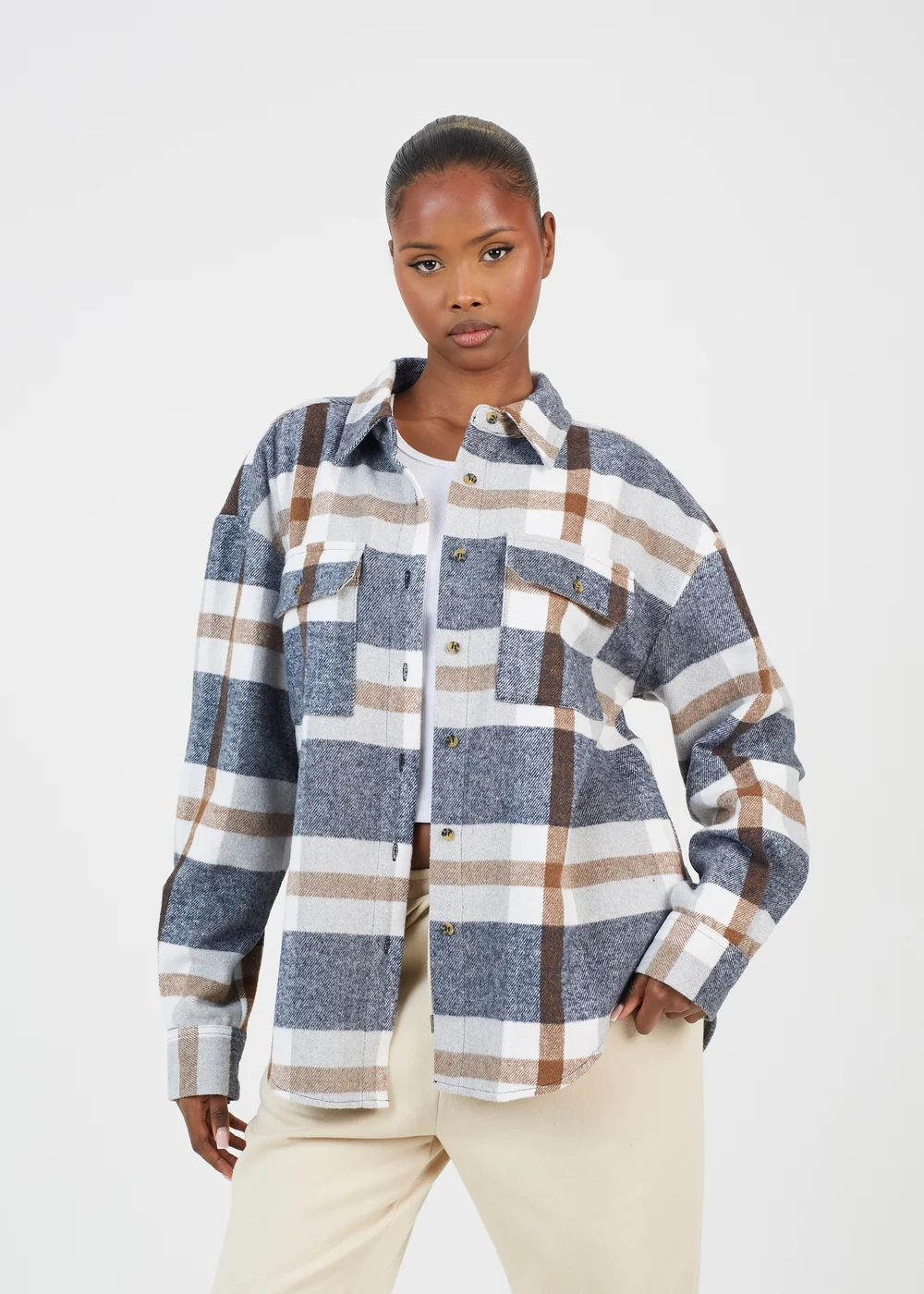 Brave Soul Brown Check Print Long Sleeve Fleece Shirt - XS Image 1