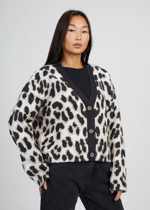 Brave Soul Camel Button Through Animal Print Jacquard Knit Cardigan - XS Image 1