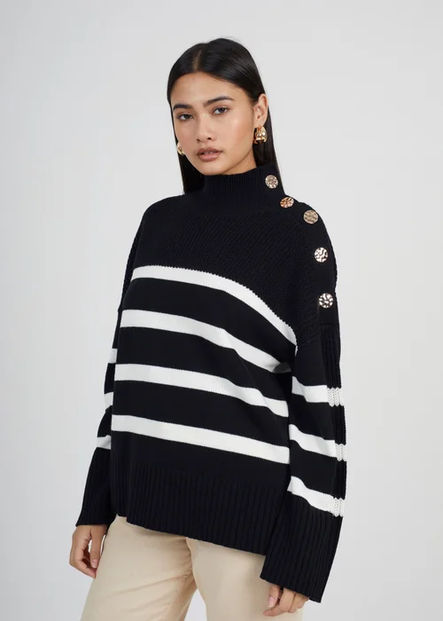 Brave Soul Black Button Detail Striped Turtleneck Jumper - XS Image 1