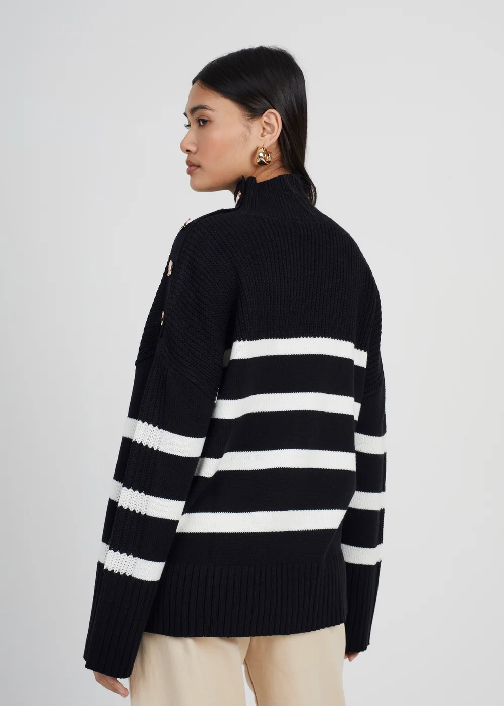 Brave Soul Black Button Detail Striped Turtleneck Jumper - XS Image 2