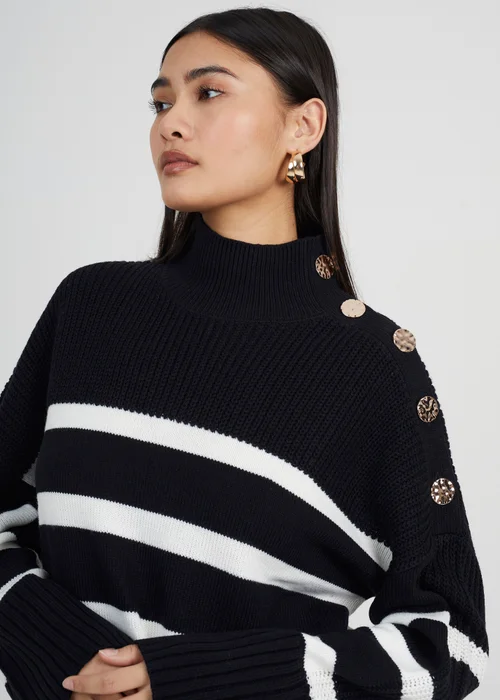 Brave Soul Black Button Detail Striped Turtleneck Jumper - XS Image 3