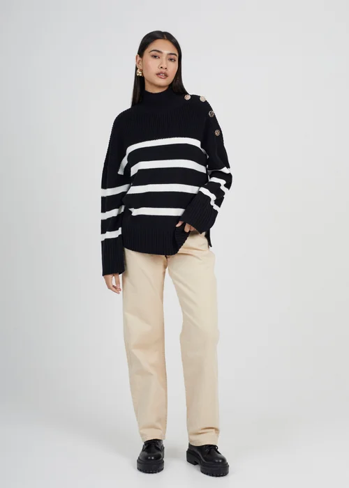 Brave Soul Black Button Detail Striped Turtleneck Jumper - XS Image 4