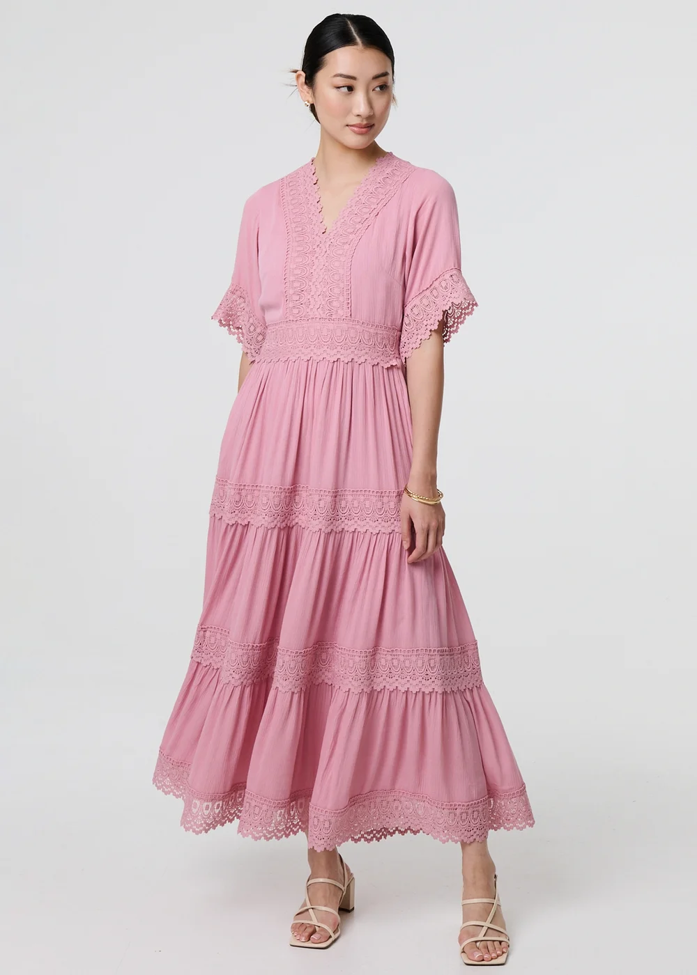 Izabel London Pink Lace Trim Angel Sleeve Maxi Dress - 8 Image 1