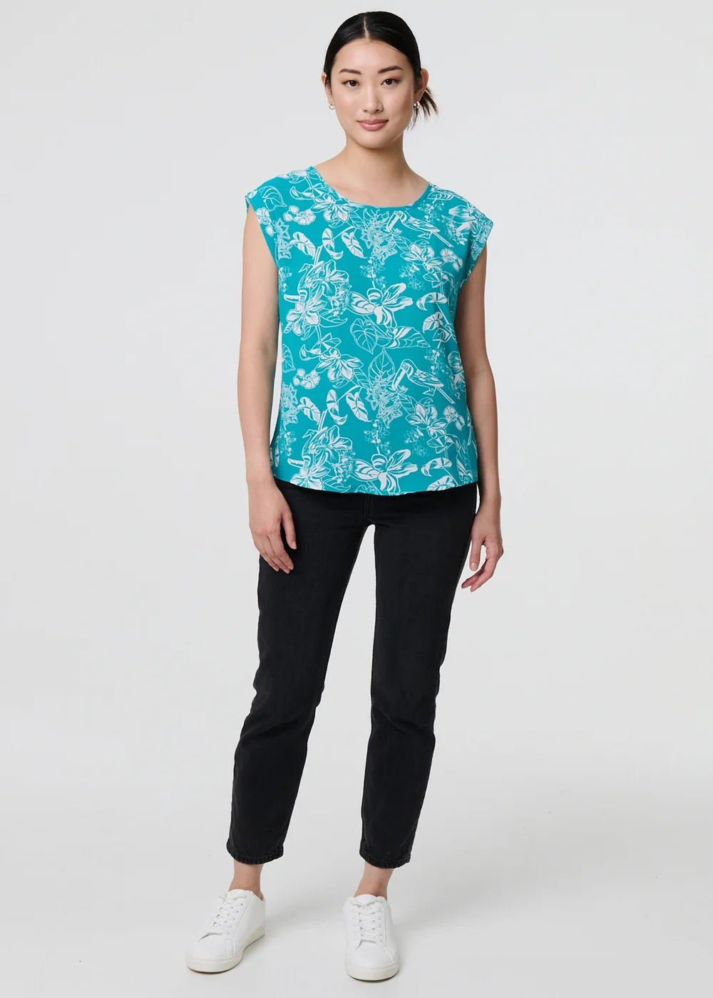 Izabel London Green Floral Turn-Up Cap Sleeve Shell Top - 8 Image 1