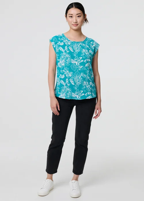 Izabel London Green Floral Turn-Up Cap Sleeve Shell Top - 8 Image 1