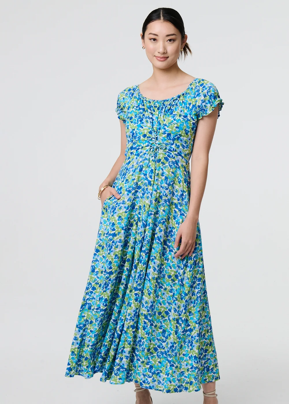 Izabel London Blue Ditsy Floral Bardot Smock Midi Dress - 8 Image 4