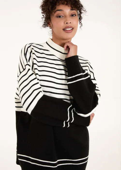 Blue Vanilla Black/White Mixed Stripe Round Neck Jumper - One Size Image 3