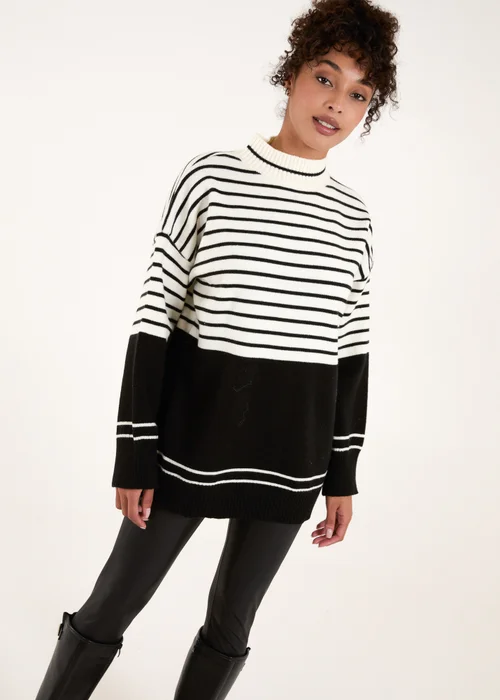 Blue Vanilla Black/White Mixed Stripe Round Neck Jumper - One Size Image 1