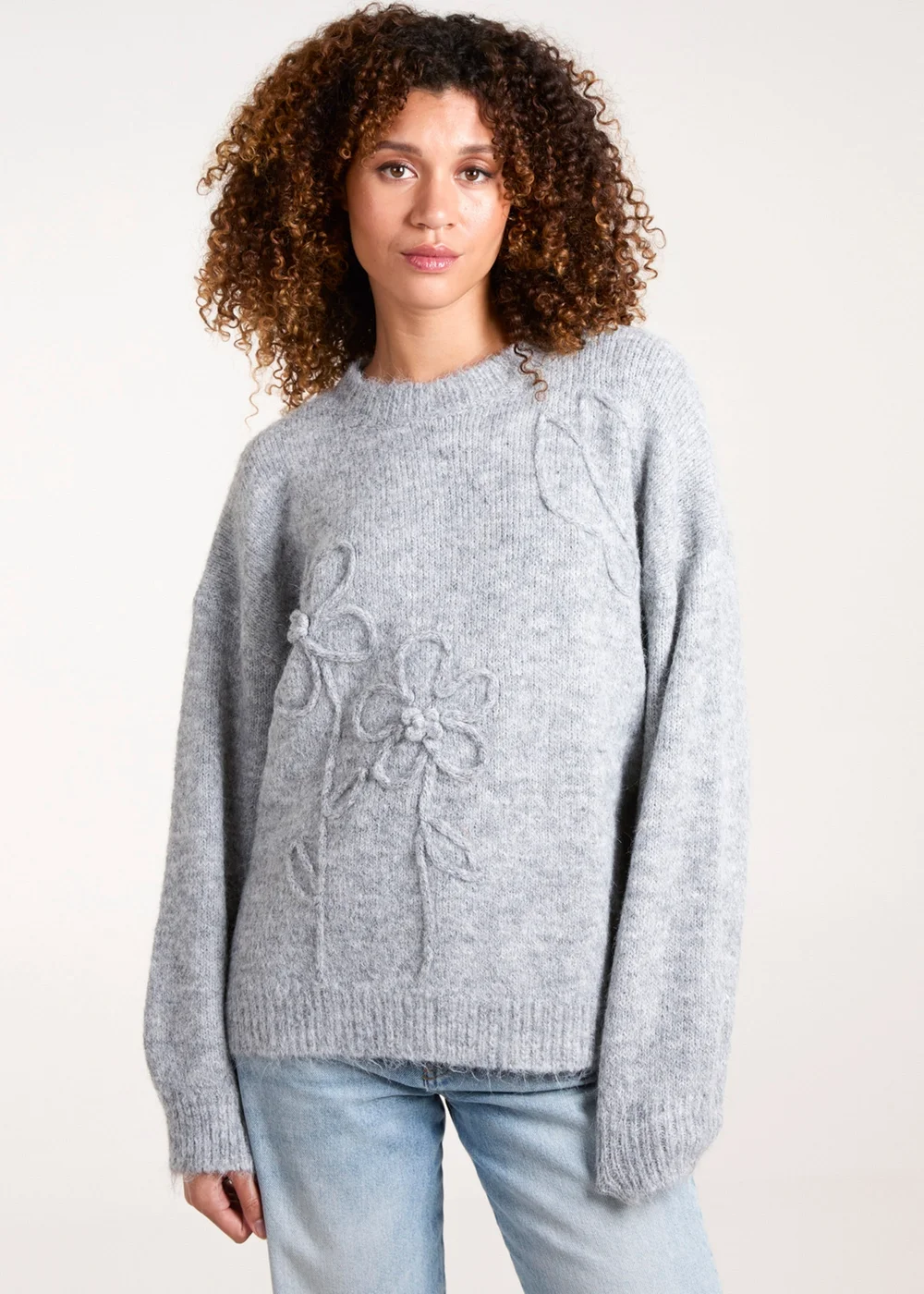 Blue Vanilla Grey Knit Flower Embroidery Cropped Jumper - S/M Image 1