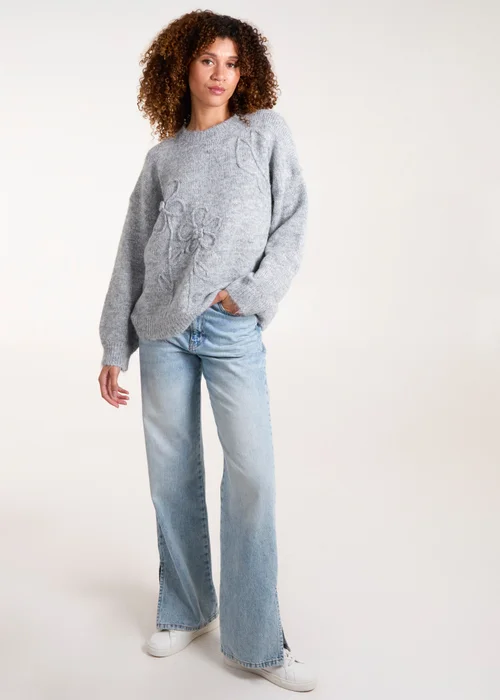 Blue Vanilla Grey Knit Flower Embroidery Cropped Jumper - S/M Image 4