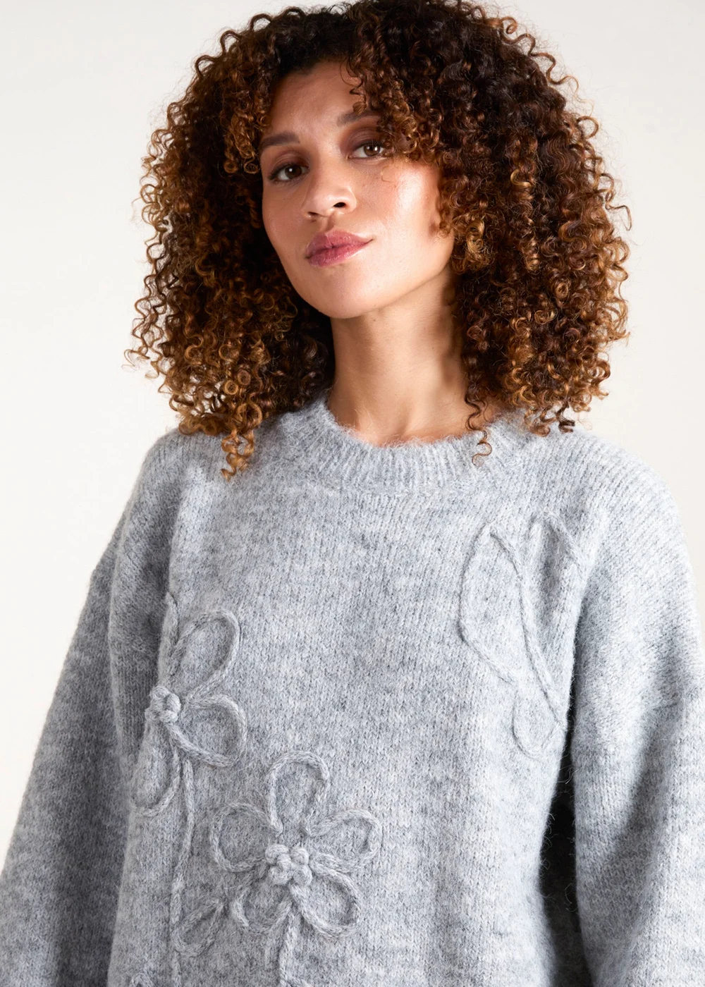 Blue Vanilla Grey Knit Flower Embroidery Cropped Jumper - S/M Image 3