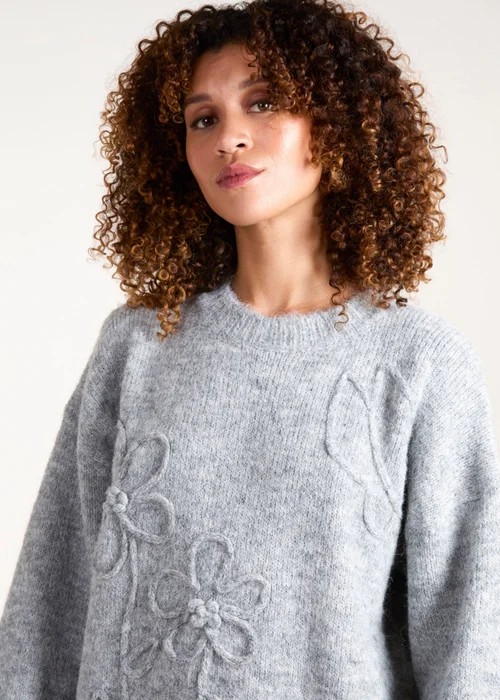 Blue Vanilla Grey Knit Flower Embroidery Cropped Jumper - S/M Image 3