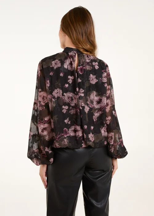 Blue Vanilla Black High Neck Bubble Hem Floral Blouse - S Image 2