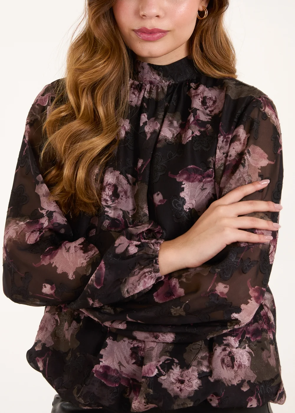 Blue Vanilla Black High Neck Bubble Hem Floral Blouse - S Image 3
