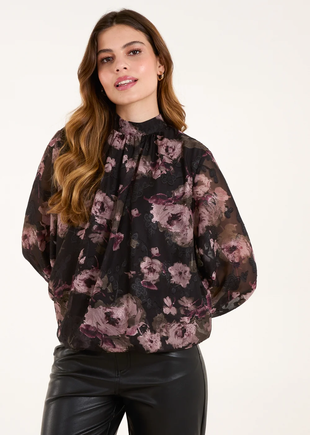 Blue Vanilla Black High Neck Bubble Hem Floral Blouse - S Image 1