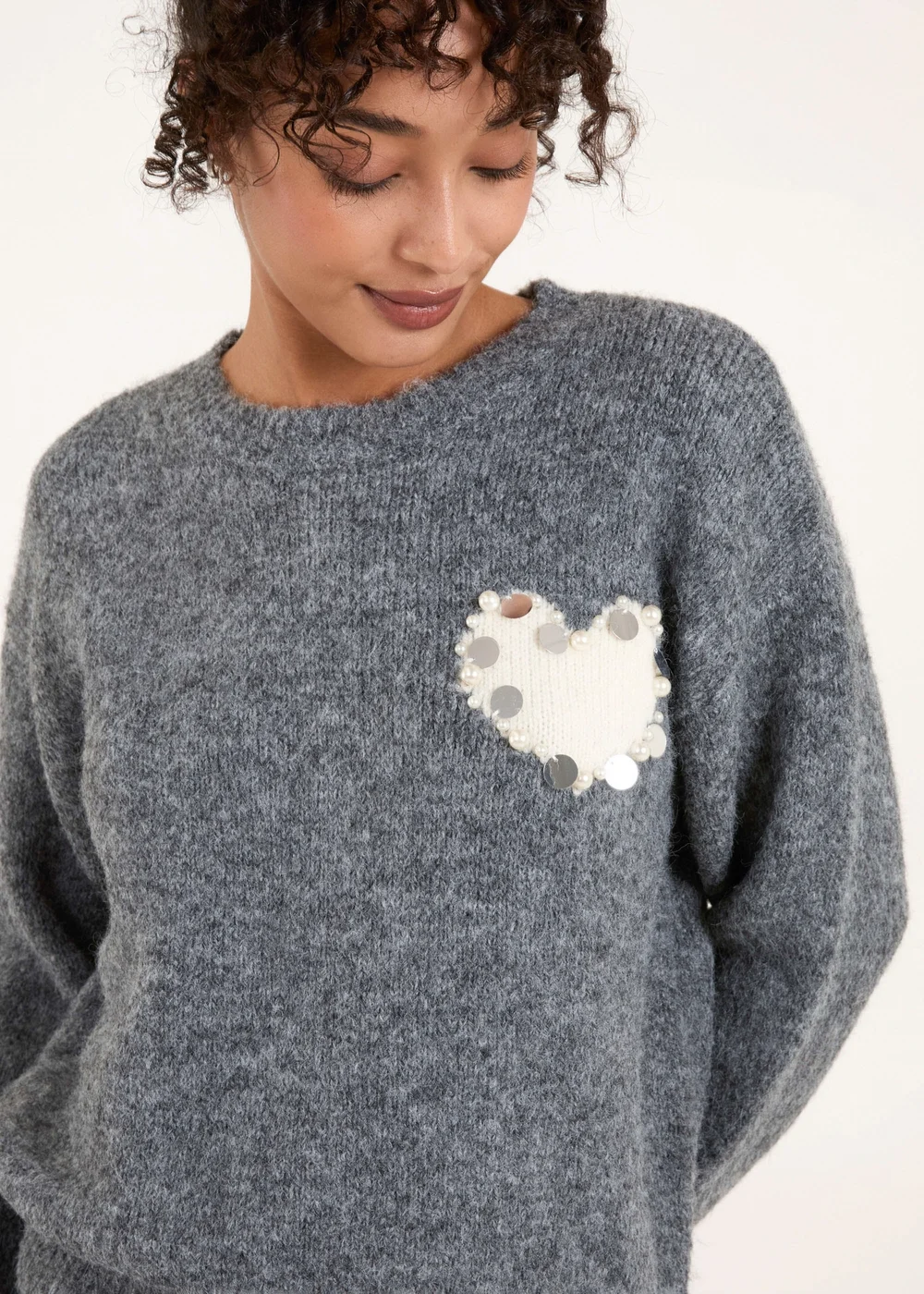 Blue Vanilla Grey Embellished Heart Knit Jumper - M/L Image 3