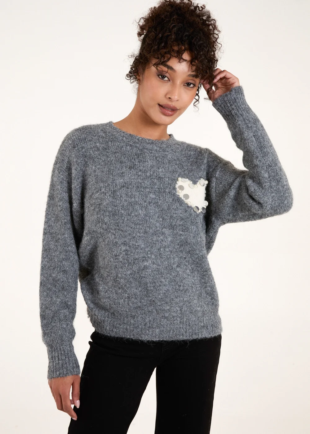 Blue Vanilla Grey Embellished Heart Knit Jumper - M/L Image 1