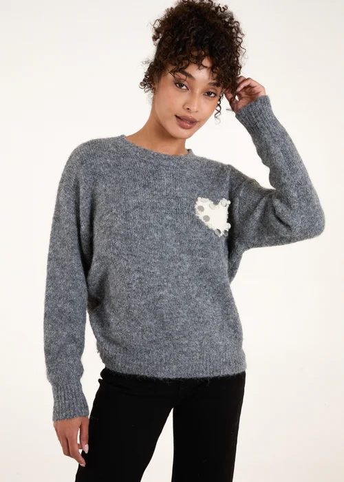 Blue Vanilla Grey Embellished Heart Knit Jumper - M/L Image 1