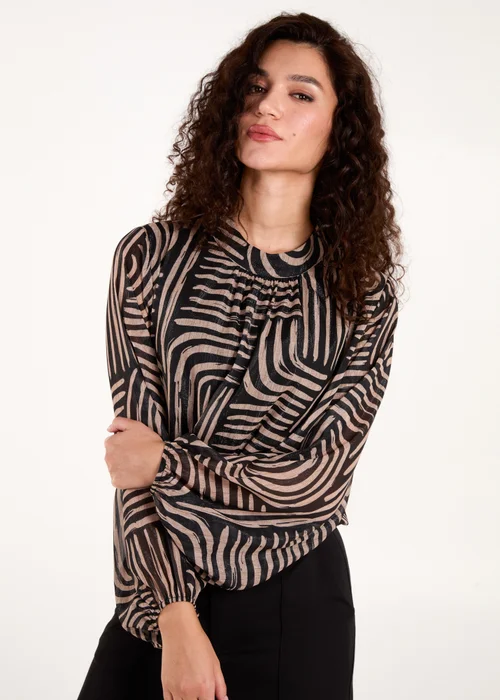 Blue Vanilla Black Geometric Swirl Bubble Hem Top - S/M Image 1