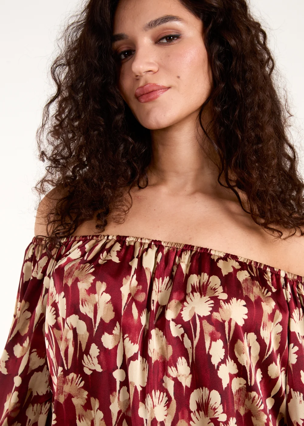 Blue Vanilla Burgundy Floral Ruched Sleeve Bardot Blouse - One Size Image 3