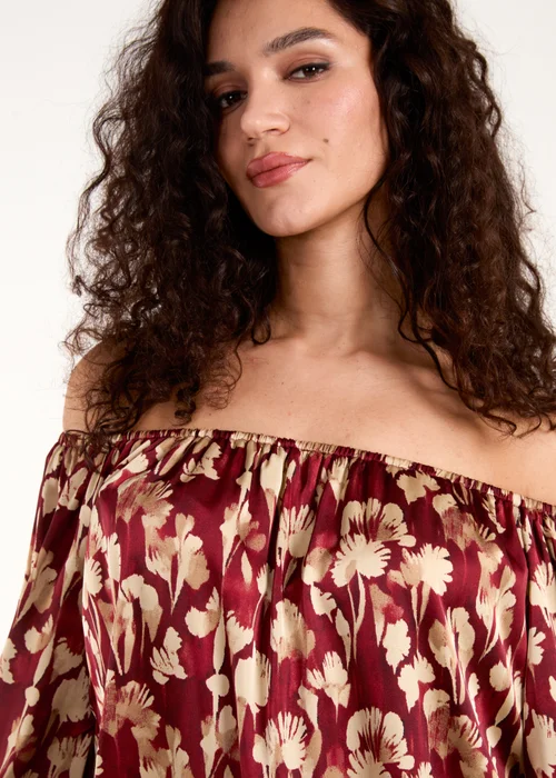 Blue Vanilla Burgundy Floral Ruched Sleeve Bardot Blouse - One Size Image 3