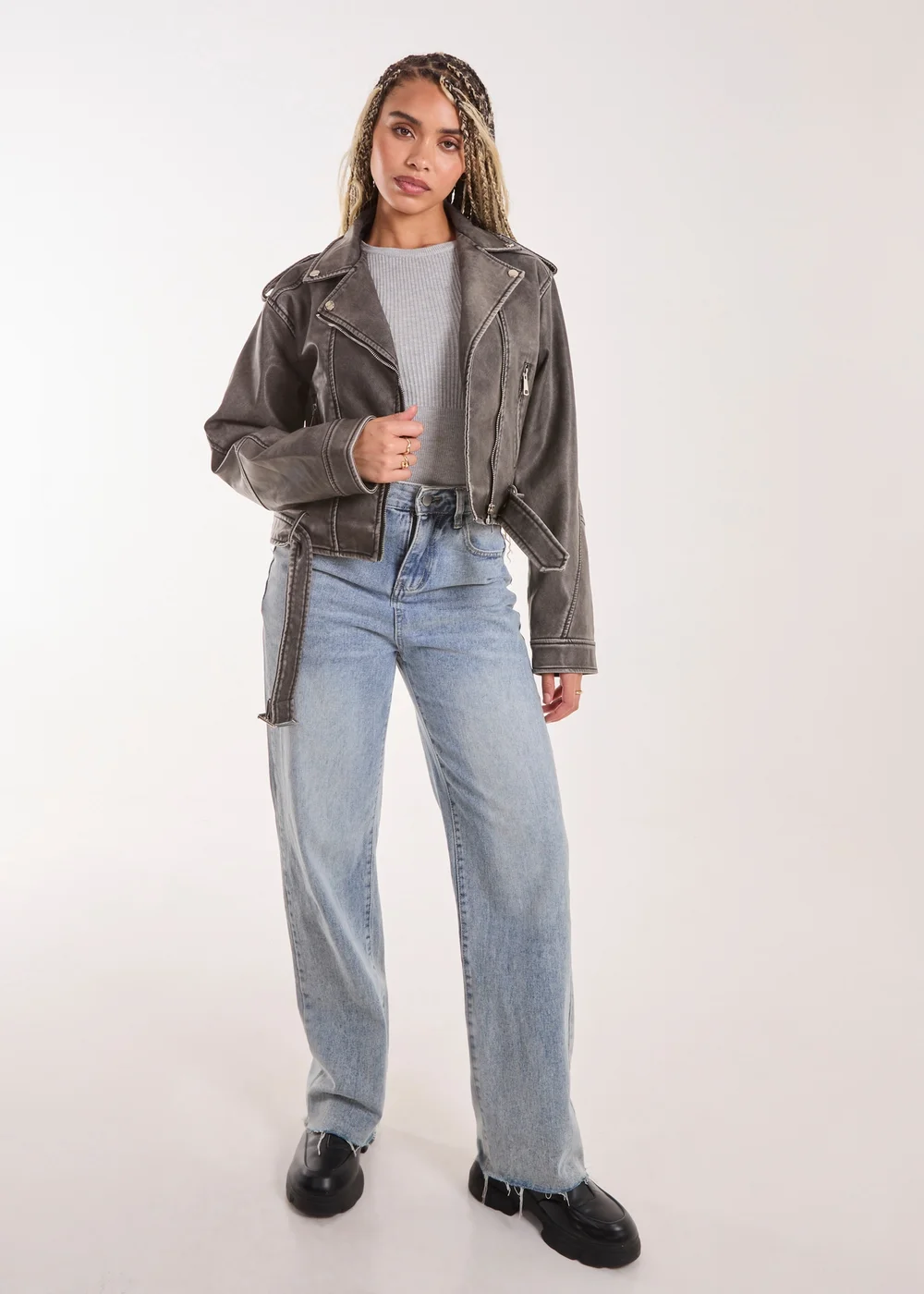 Pink Vanilla Charcoal Wash PU Biker Jacket - S Image 4