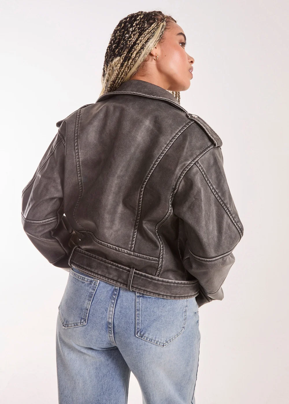 Pink Vanilla Charcoal Wash PU Biker Jacket - S Image 2