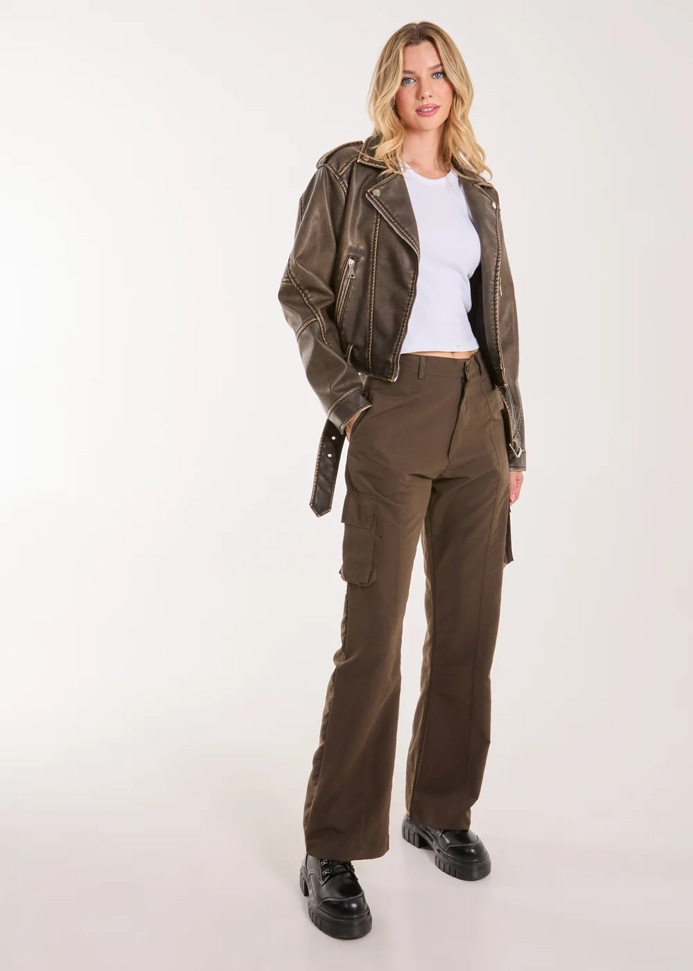 Pink Vanilla Brown Stone Wash PU Biker Jacket - S Image 5