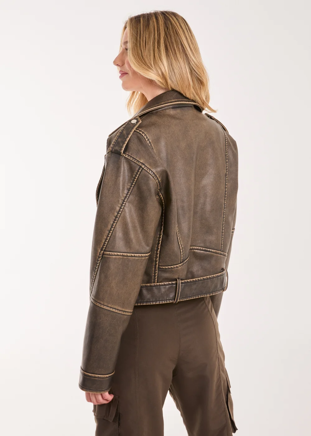 Pink Vanilla Brown Stone Wash PU Biker Jacket - S Image 3